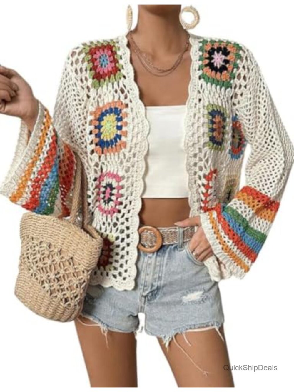 Crochet Cardigan Sweater Womens Boho Open Front Long Sleeve Knit Top